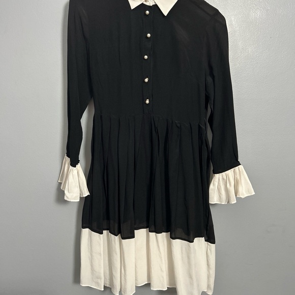 Beulah Silk Pleated Black White Collared Below Knee Dress, Size M - Picture 4 of 16